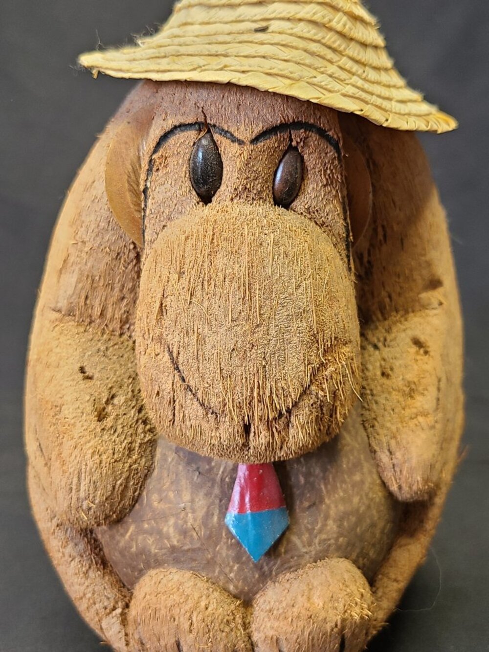 Vintage Cuban Hand Carved Coconut Monkey Figurine - Straw Hat & Red/Blue Tie